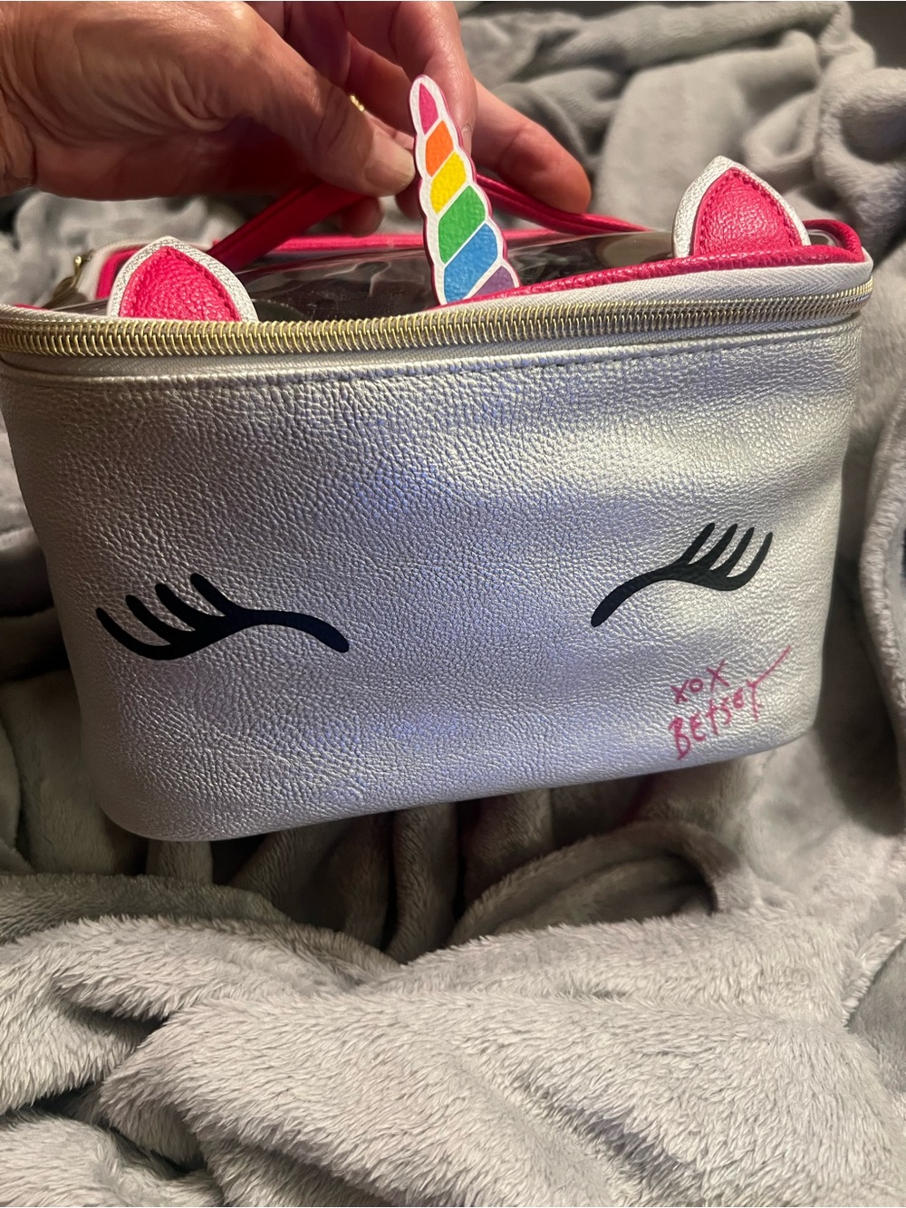 Betsey Johnson PU & Polyester Unicorn Zipper Case, Top Handle, good condition